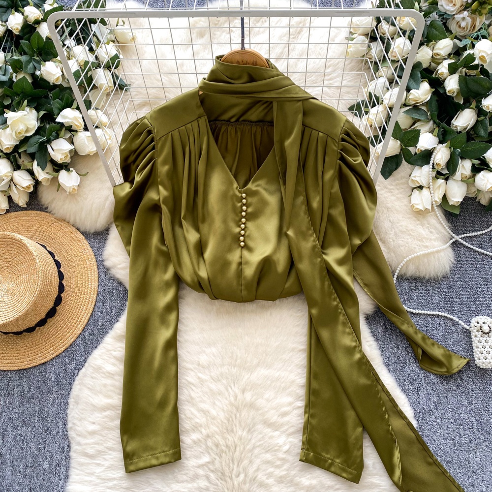 Streamer slim satin tops autumn halter shirt for women