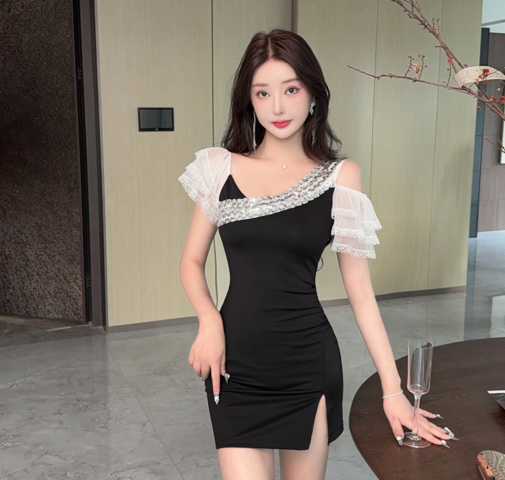 Sexy gauze sleeve pinched waist strapless dress