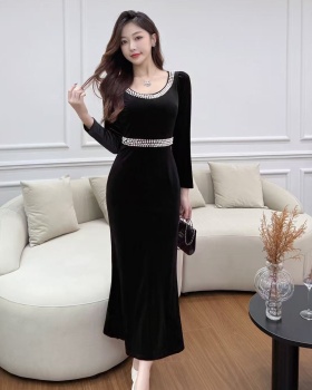 Square collar long sleeve slim velvet dress