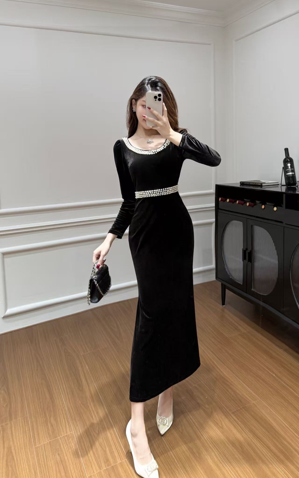 Square collar long sleeve slim velvet dress