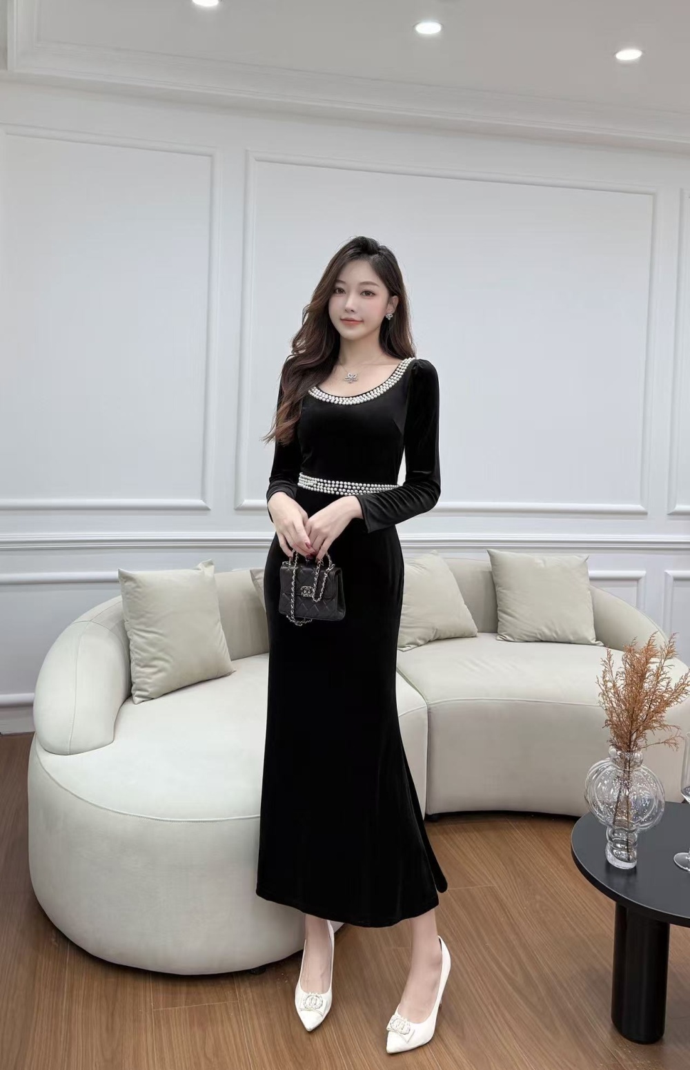 Square collar long sleeve slim velvet dress