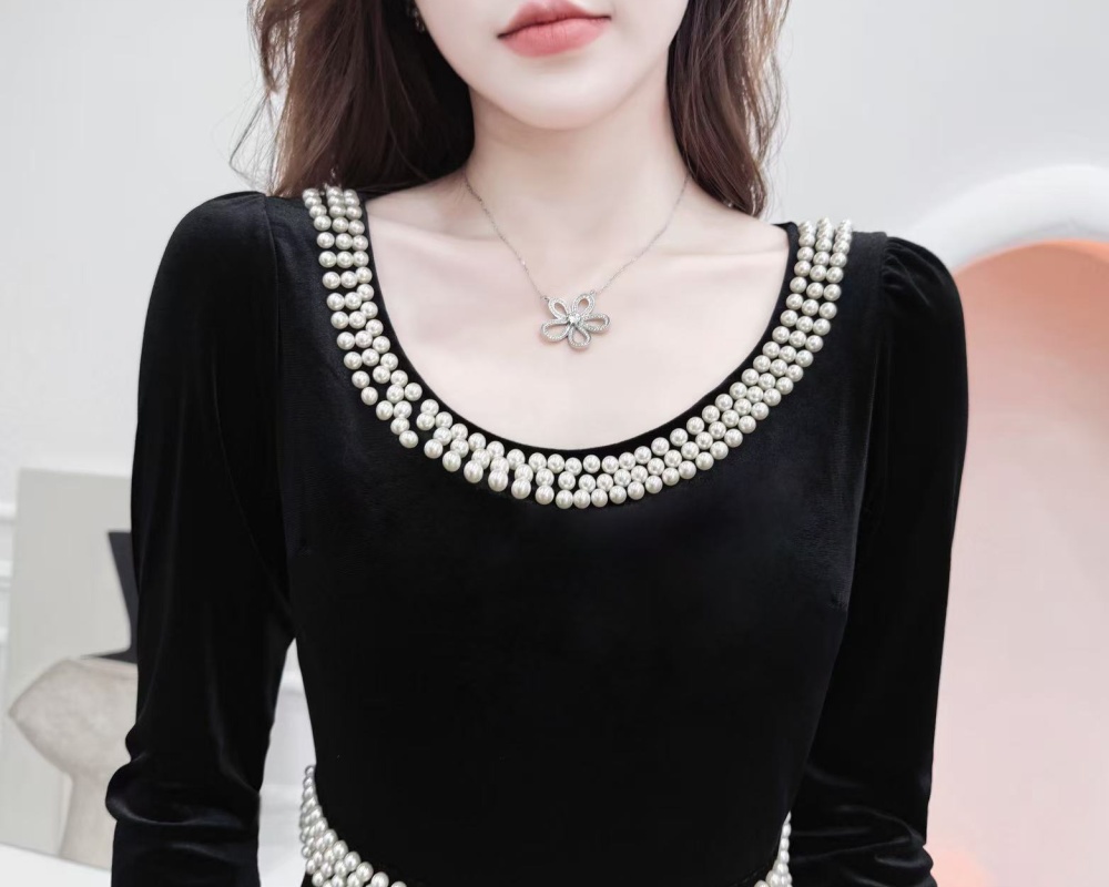Square collar long sleeve slim velvet dress