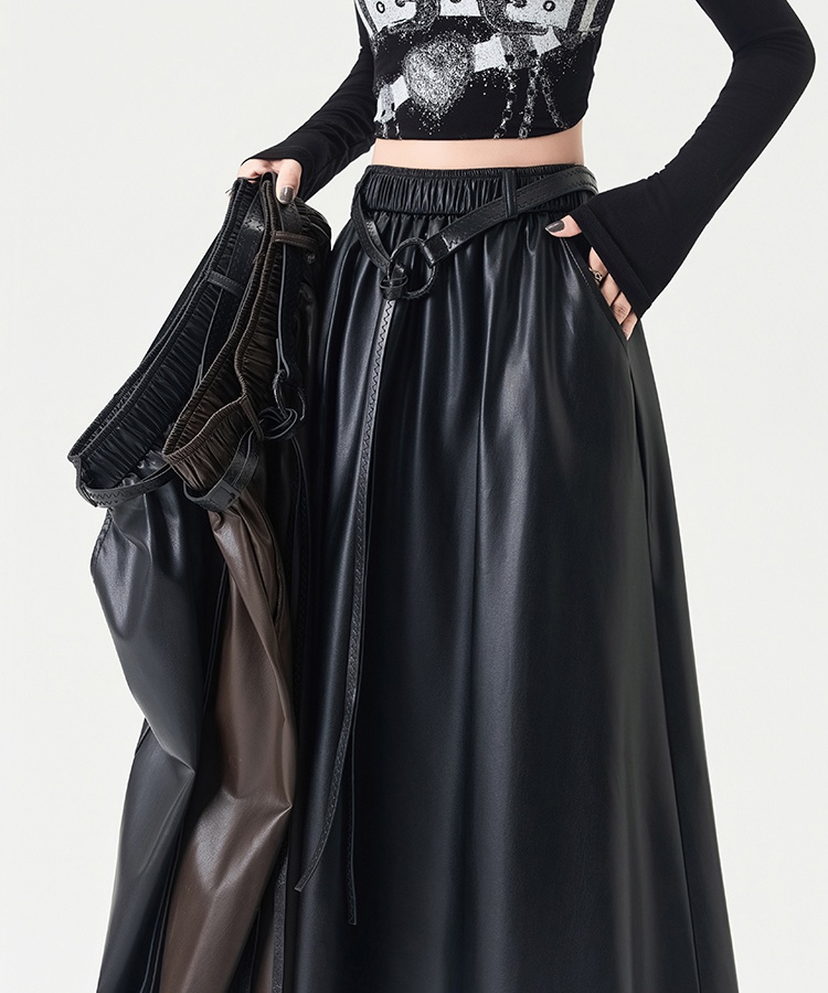 High waist PU A-line slim autumn and winter long skirt