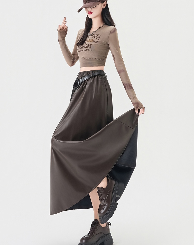 High waist PU A-line slim autumn and winter long skirt