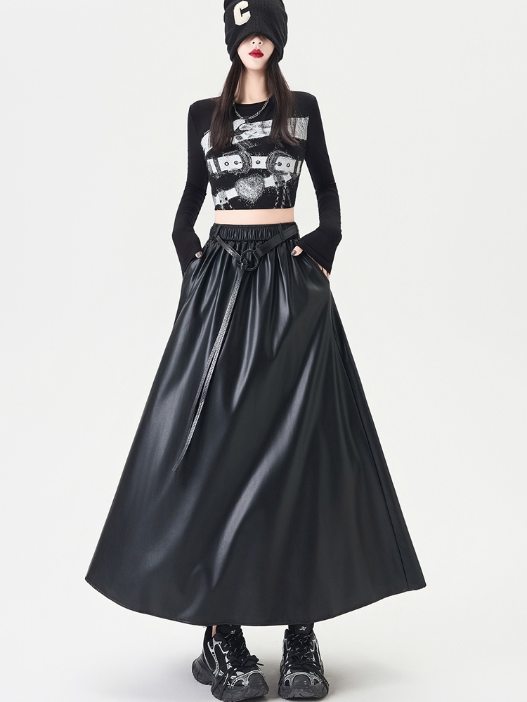 High waist PU A-line slim autumn and winter long skirt