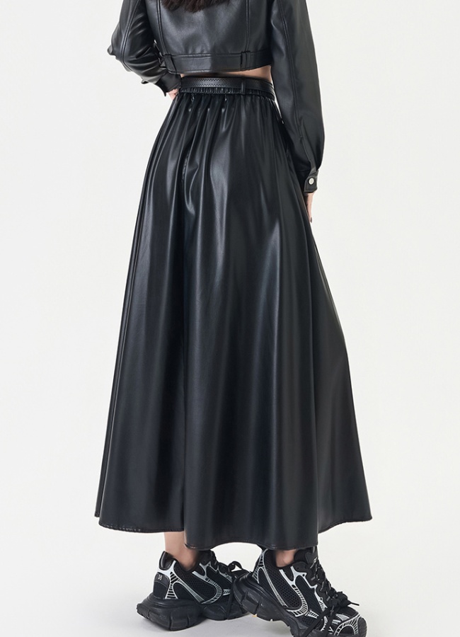 High waist PU A-line slim autumn and winter long skirt
