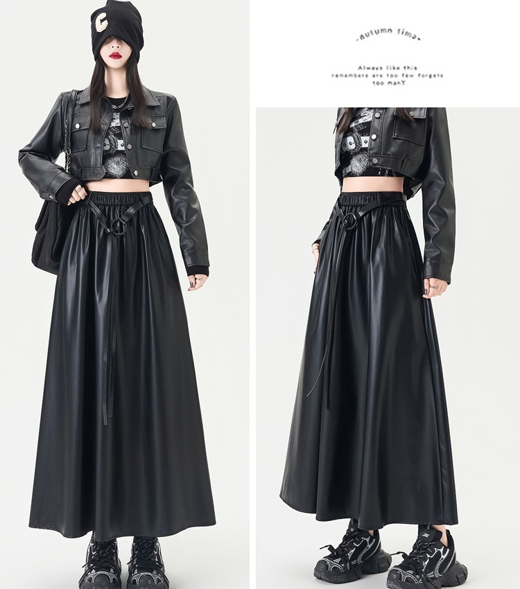 High waist PU A-line slim autumn and winter long skirt