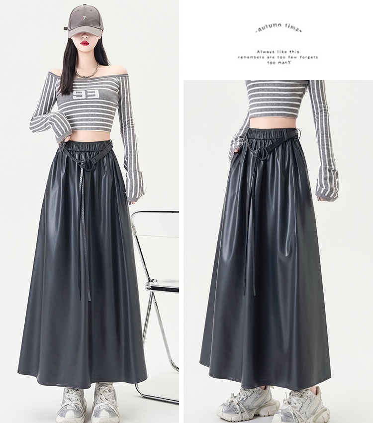 High waist PU A-line slim autumn and winter long skirt