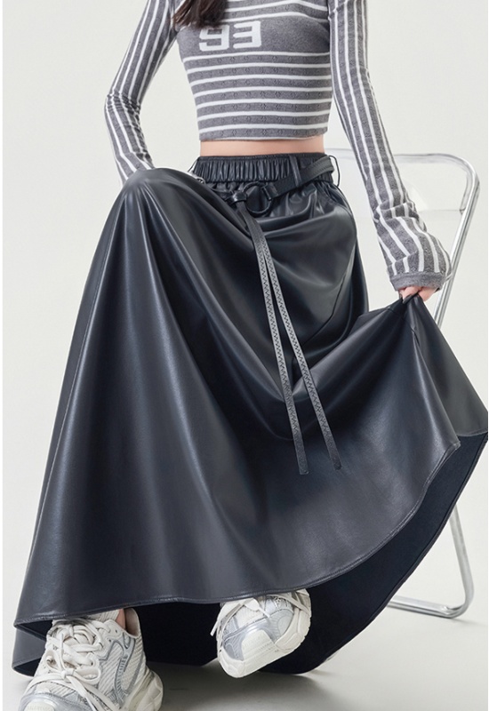 High waist PU A-line slim autumn and winter long skirt