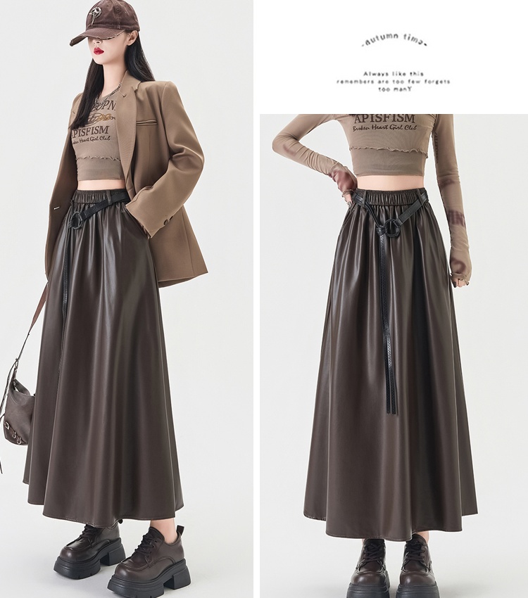 High waist PU A-line slim autumn and winter long skirt