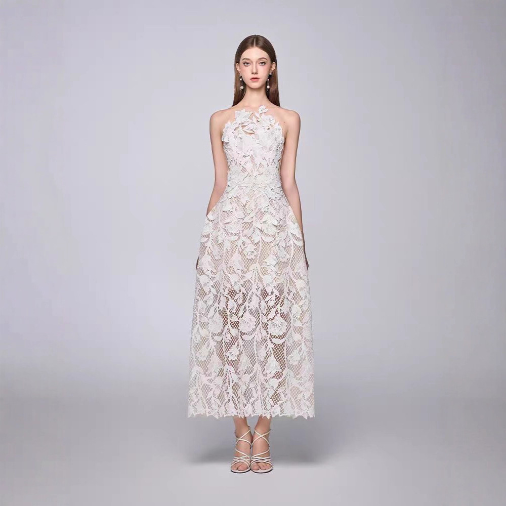 Niche elegant temperament long dress sleeveless lace dress