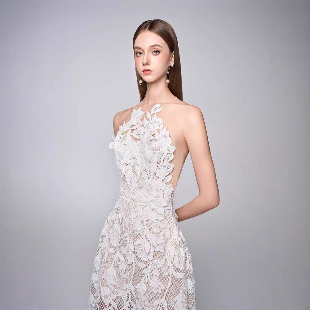 Niche elegant temperament long dress sleeveless lace dress