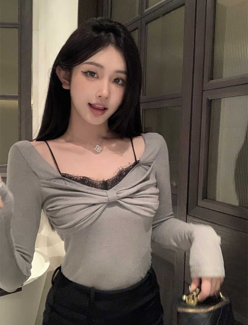 Lace splice sexy tops spicegirl bow bottoming shirt