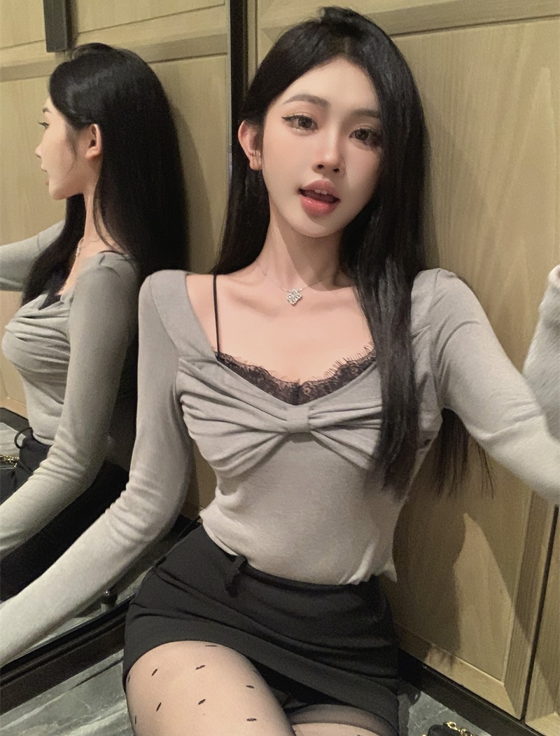 Lace splice sexy tops spicegirl bow bottoming shirt