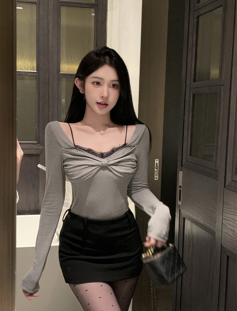 Lace splice sexy tops spicegirl bow bottoming shirt