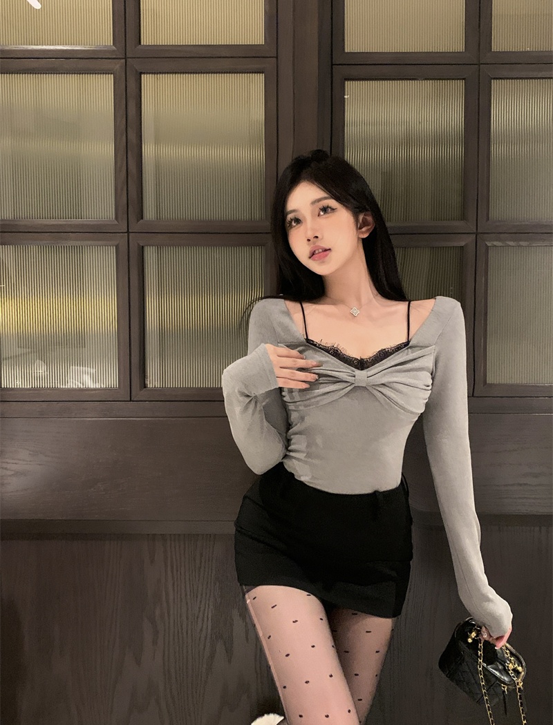 Lace splice sexy tops spicegirl bow bottoming shirt