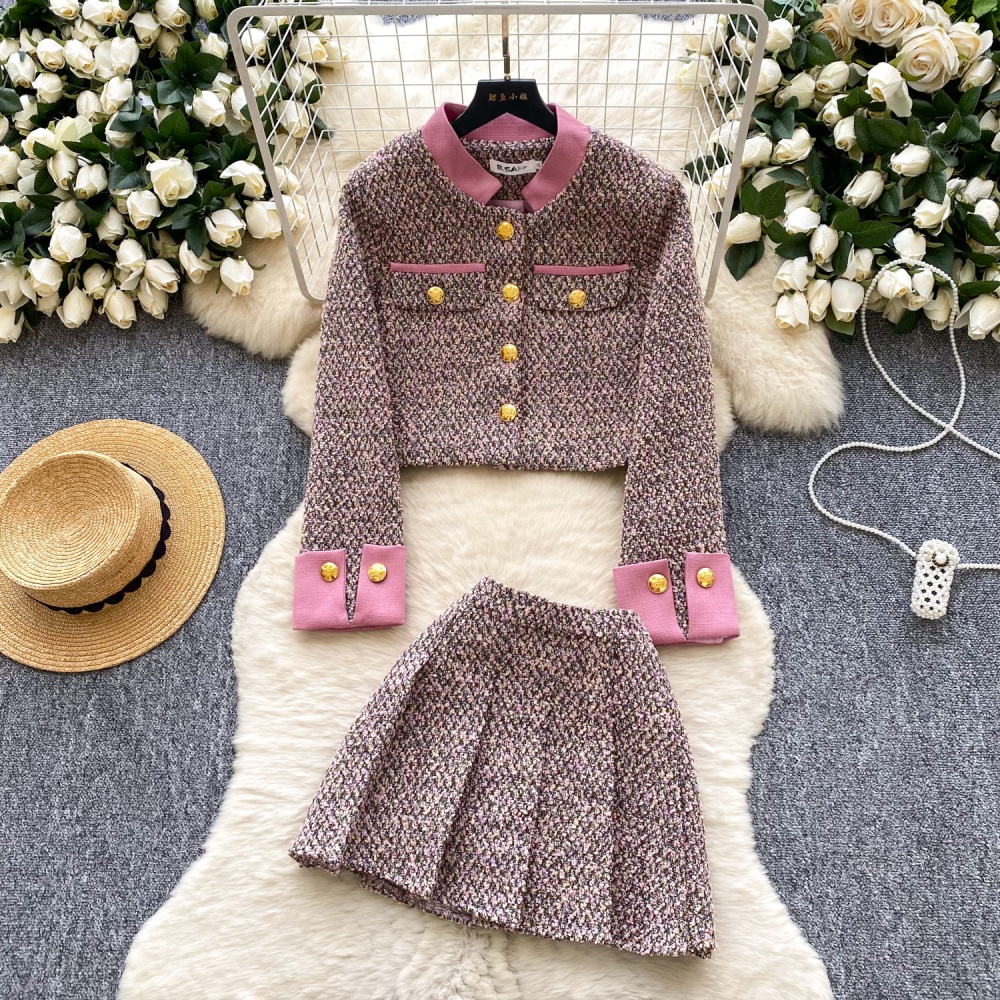 Metal buckles woolen coat short skirt a set for women