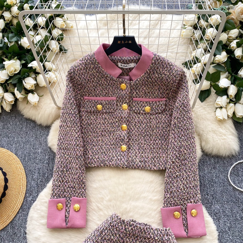 Metal buckles woolen coat short skirt a set for women