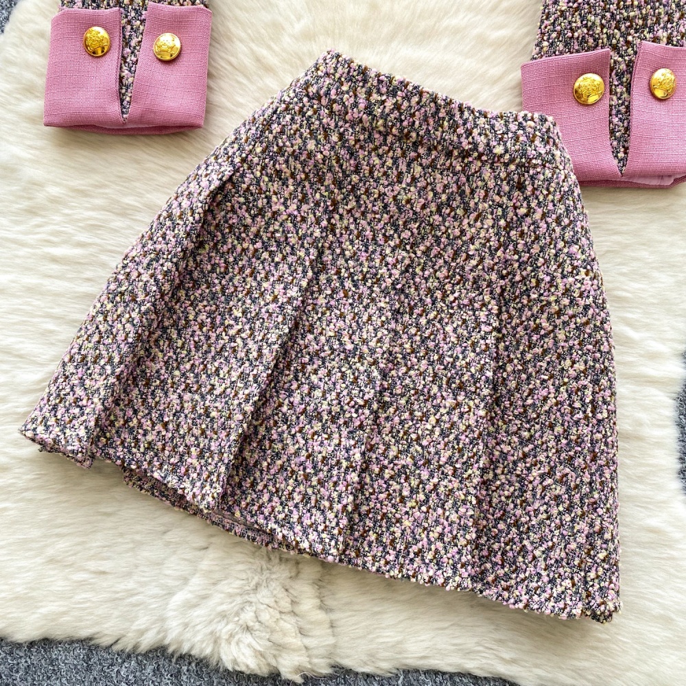 Metal buckles woolen coat short skirt a set for women
