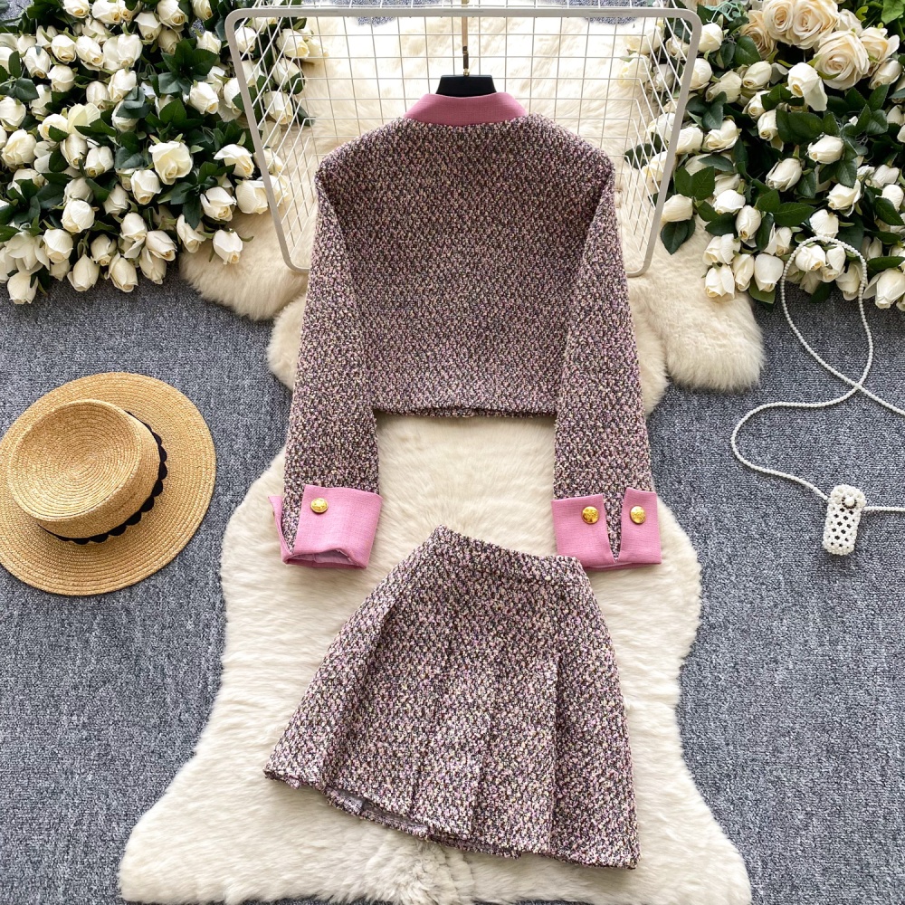 Metal buckles woolen coat short skirt a set for women
