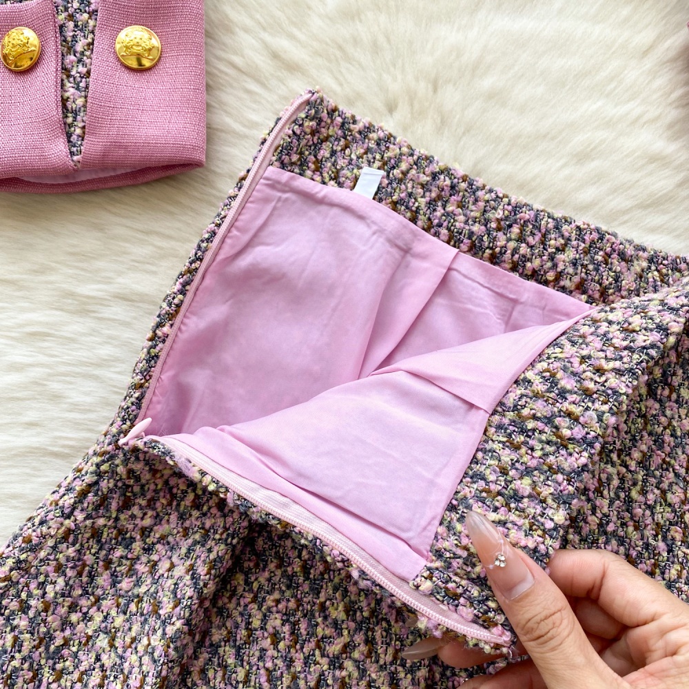 Metal buckles woolen coat short skirt a set for women
