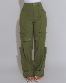 European style straight many pocket work pants for women