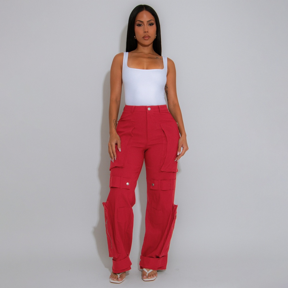 European style straight many pocket work pants for women