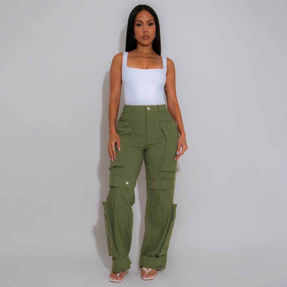 European style straight many pocket work pants for women