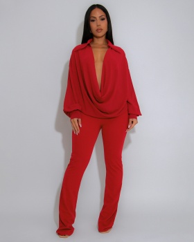 Autumn tight bat sleeve sexy European style pants a set