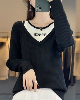 V-neck autumn and winter mixed colors tops for women