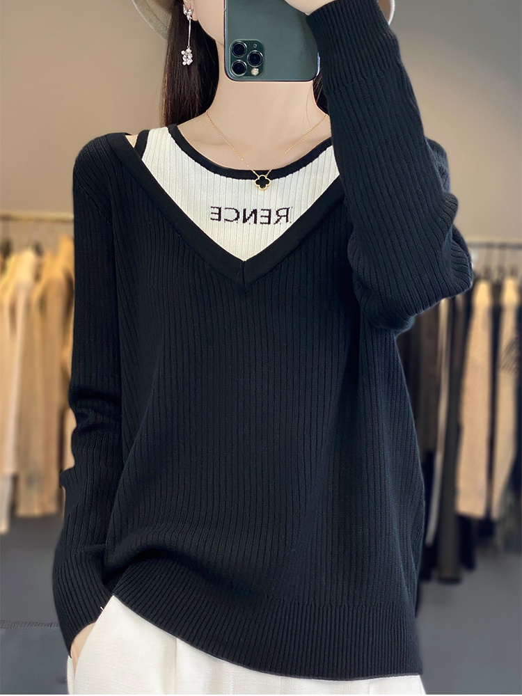 V-neck autumn and winter mixed colors tops for women