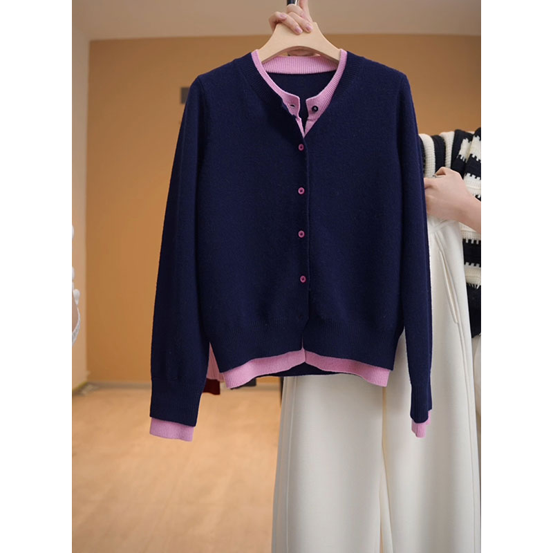 Mixed colors cardigan Pseudo-two sweater for women