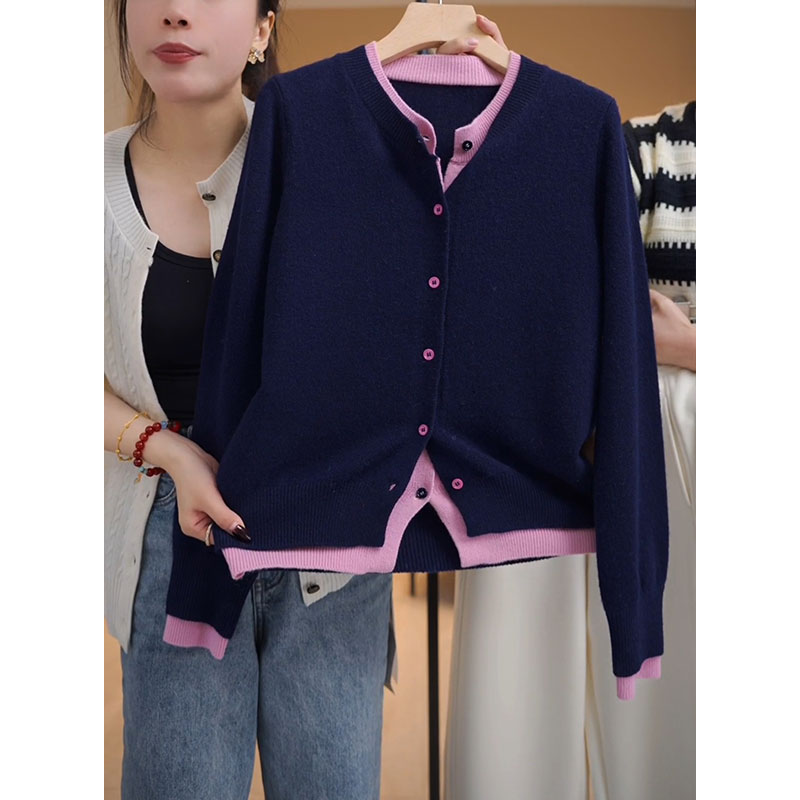 Mixed colors cardigan Pseudo-two sweater for women