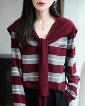 Stripe V-neck letters shawl wool loose sweater 2pcs set