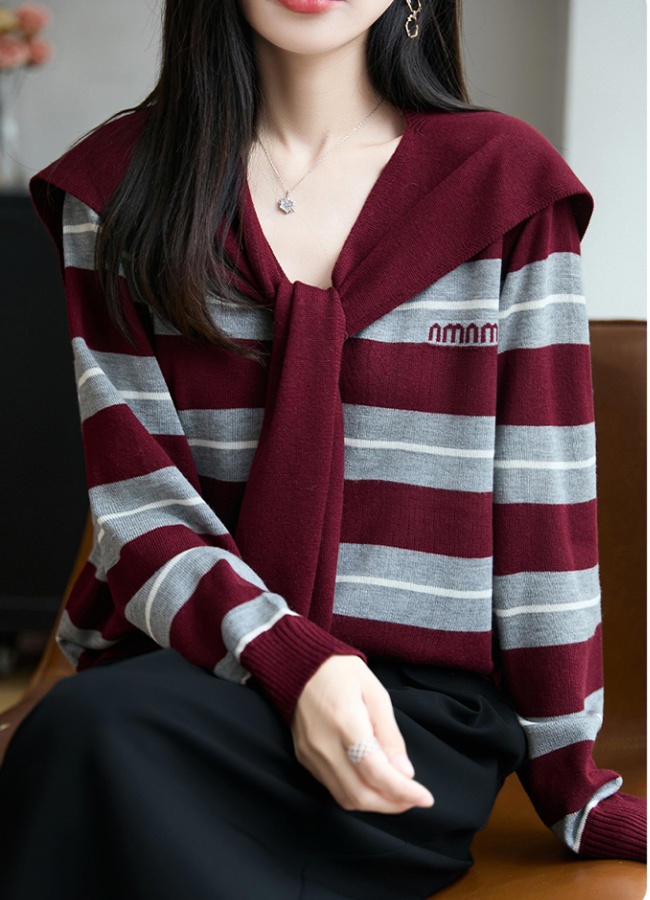 Stripe V-neck letters shawl wool loose sweater 2pcs set