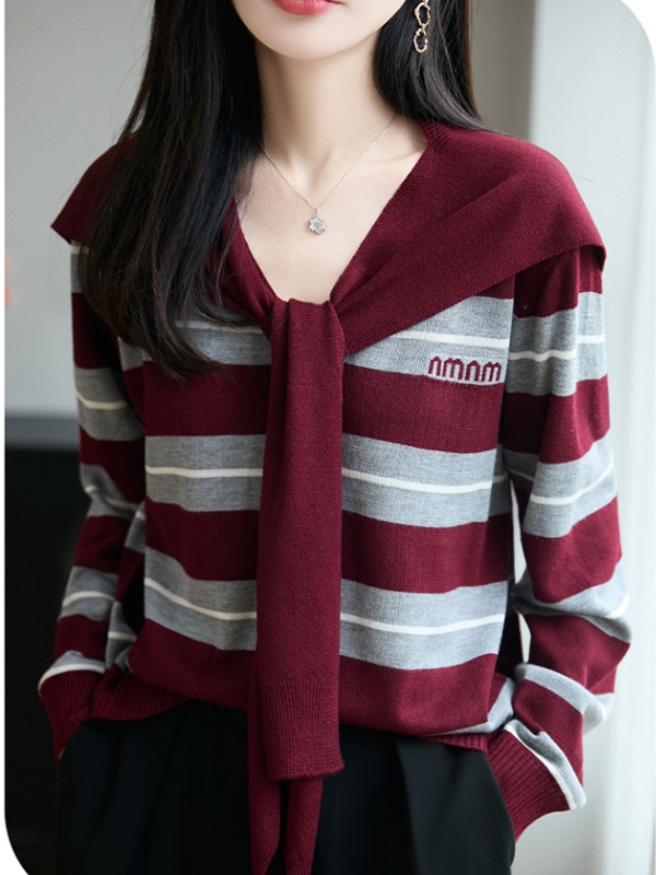 Stripe V-neck letters shawl wool loose sweater 2pcs set