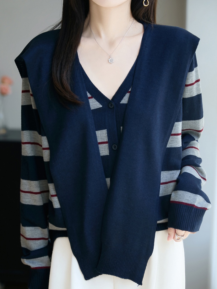 Stripe V-neck letters shawl wool loose sweater 2pcs set