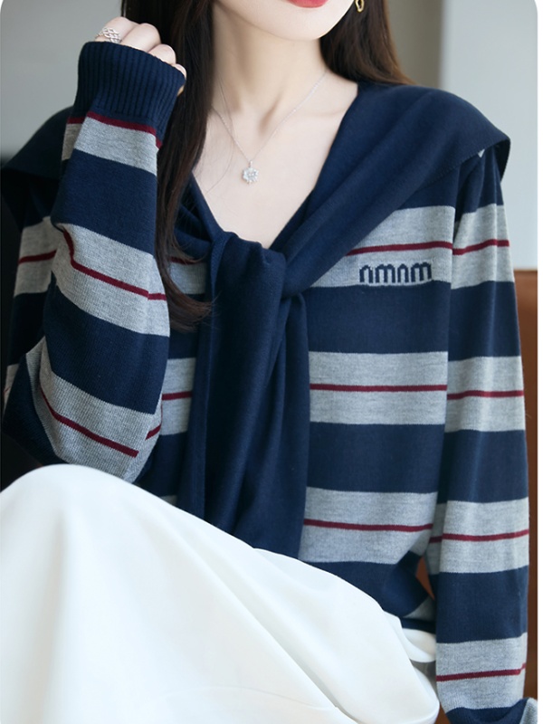 Stripe V-neck letters shawl wool loose sweater 2pcs set