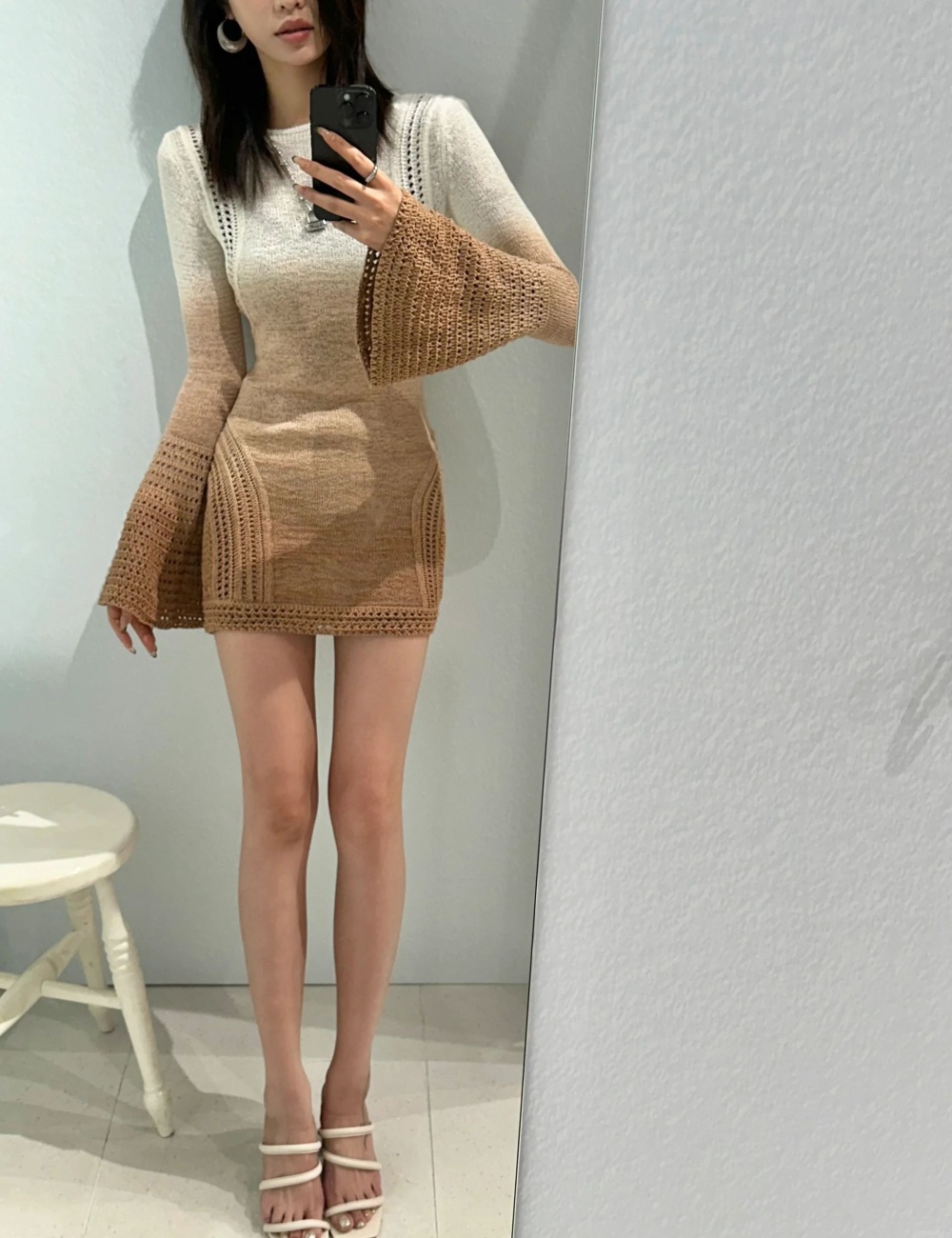 Autumn thick knitted dyeing gradient trumpet sleeves dress