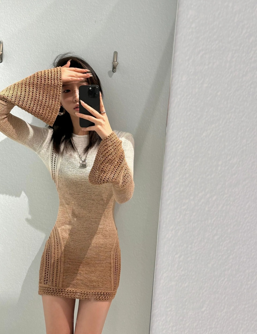 Autumn thick knitted dyeing gradient trumpet sleeves dress