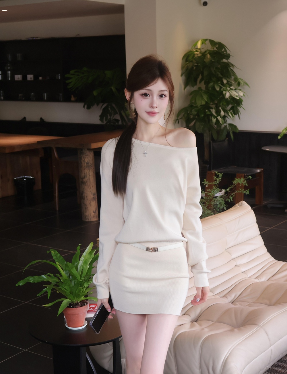 Sloping shoulder knitted dress autumn T-back