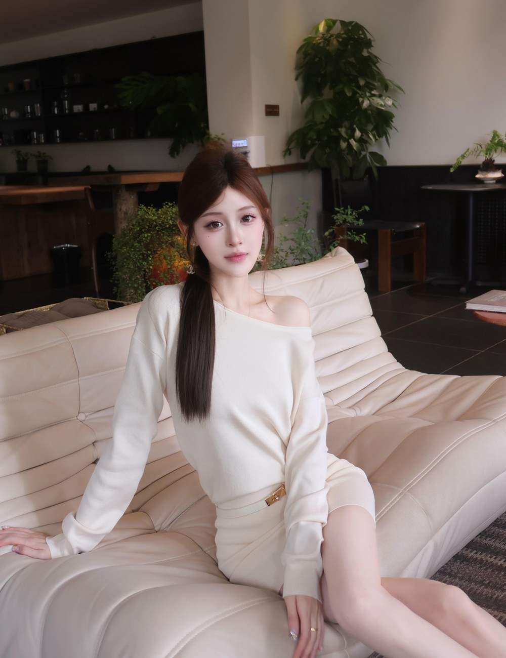 Sloping shoulder knitted dress autumn T-back