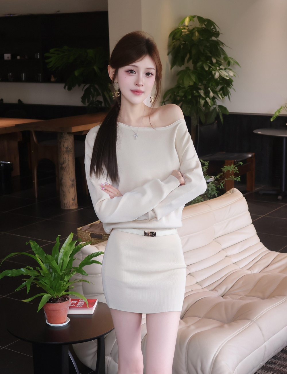 Sloping shoulder knitted dress autumn T-back
