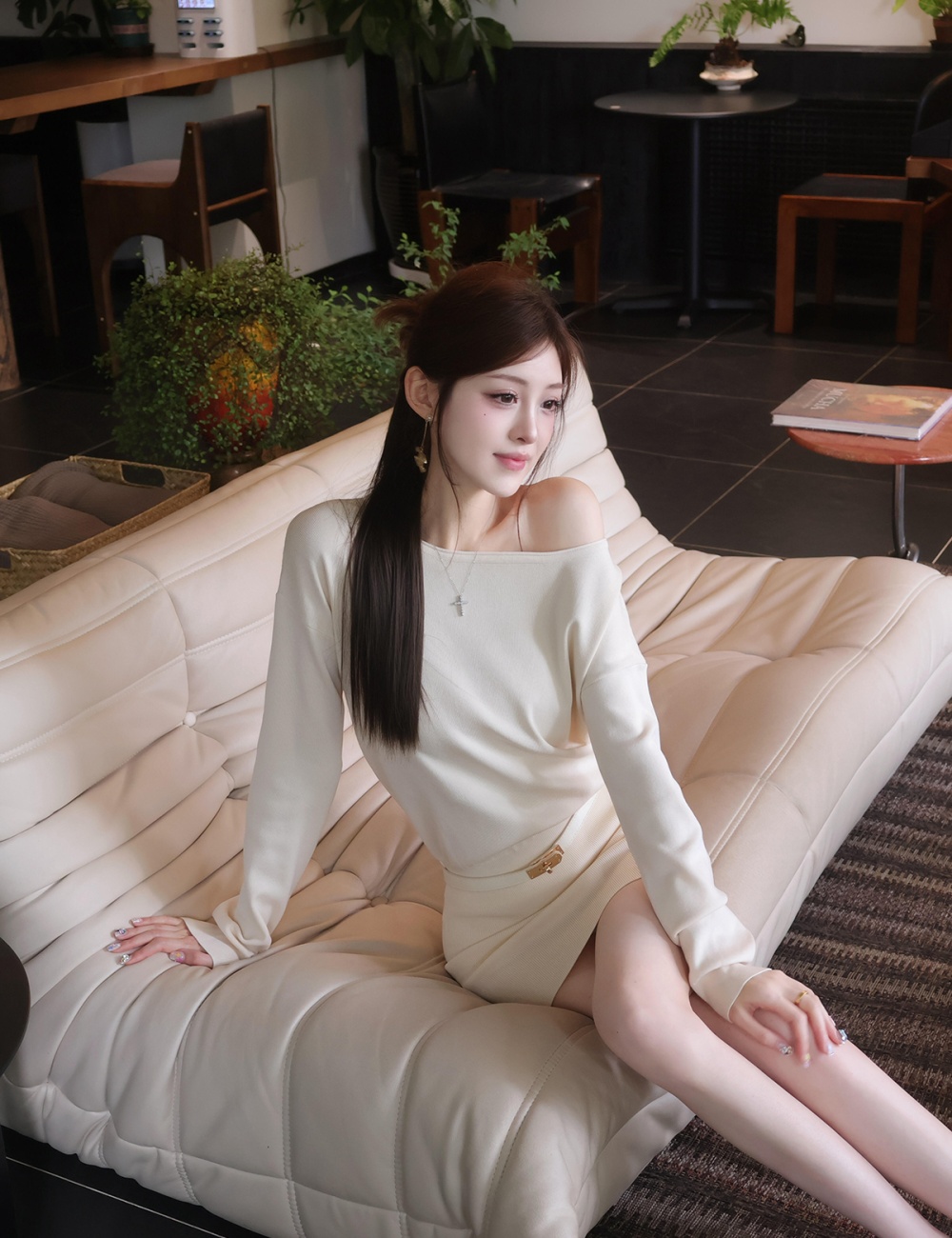 Sloping shoulder knitted dress autumn T-back