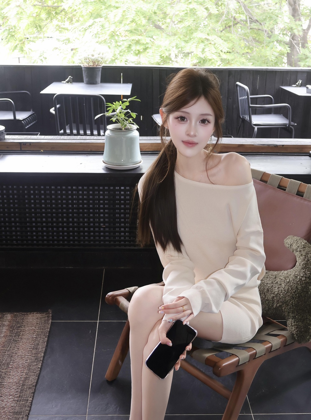 Sloping shoulder knitted dress autumn T-back
