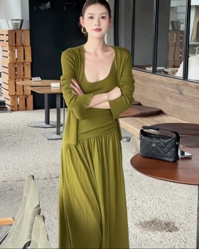 Knitted green cardigan slim skirt 3pcs set for women