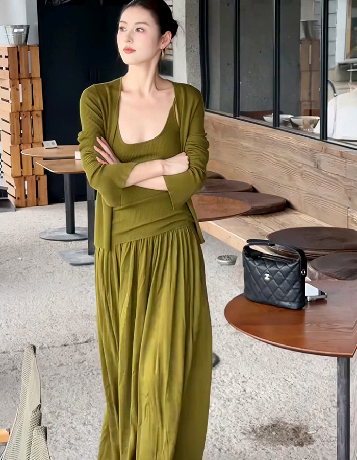 Knitted green cardigan slim skirt 3pcs set for women
