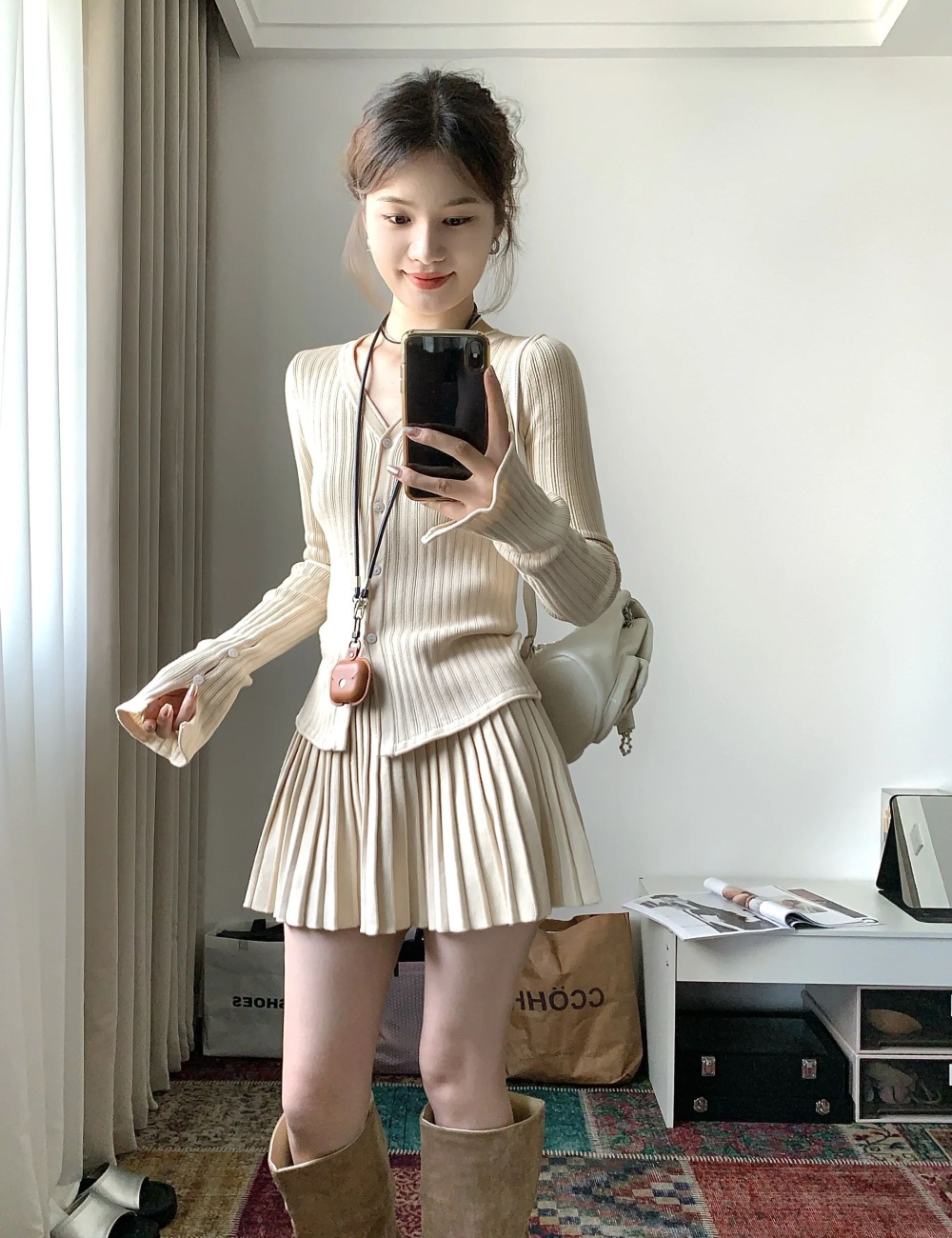 Khaki skirt slim sweater 2pcs set for women