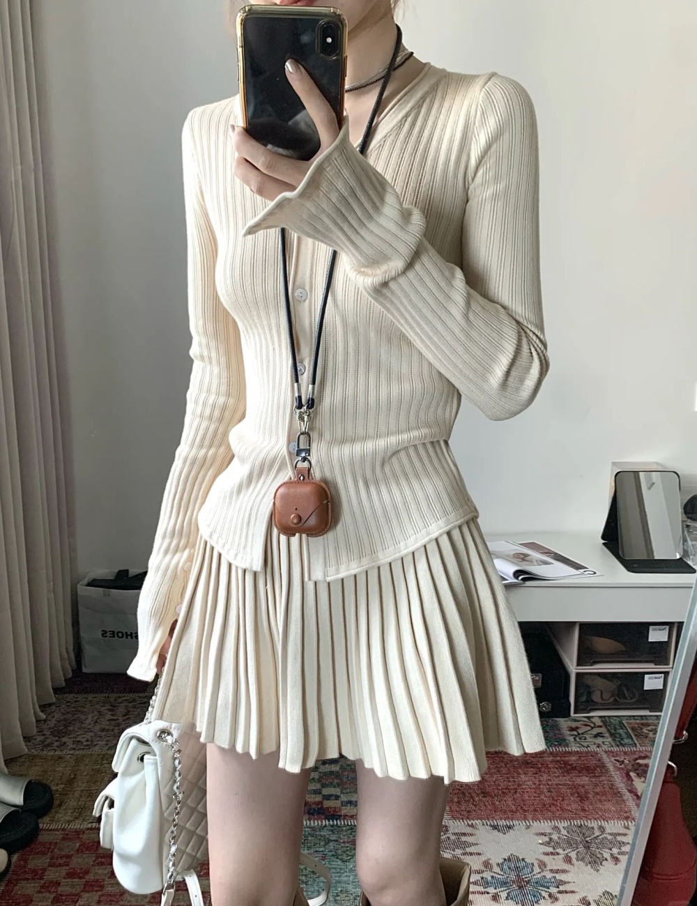 Khaki skirt slim sweater 2pcs set for women