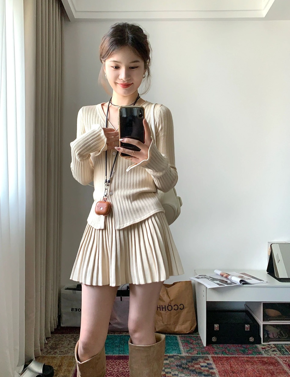 Khaki skirt slim sweater 2pcs set for women